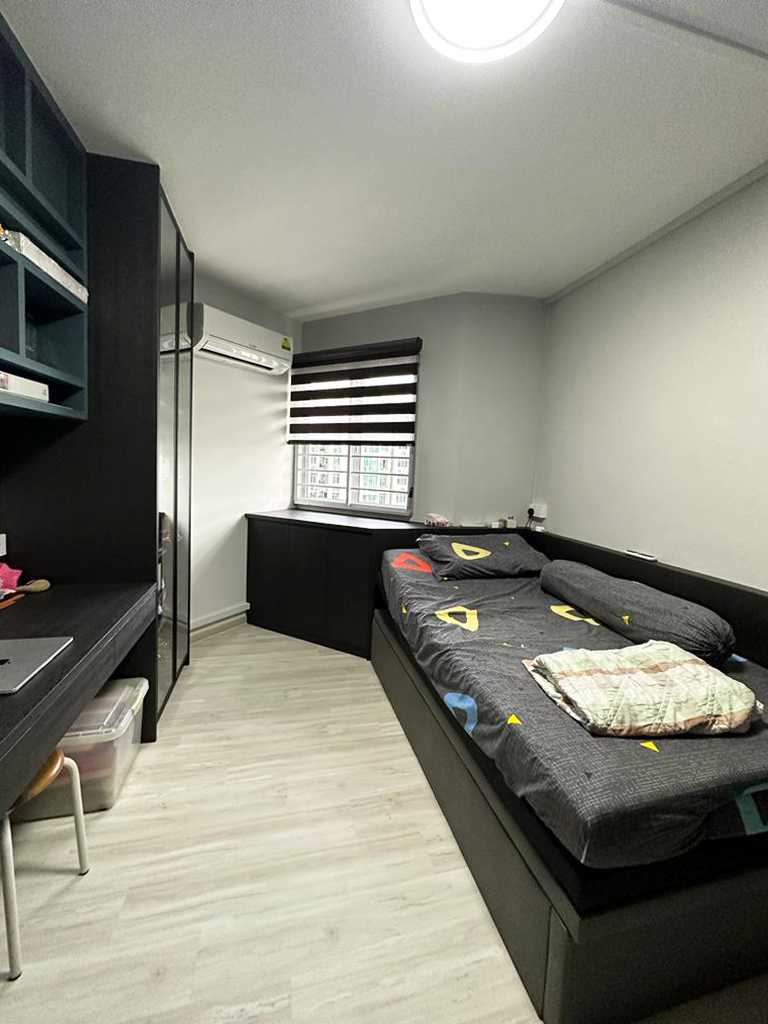 Scandinavian Bedroom with Wood Flooring and Wardrobe