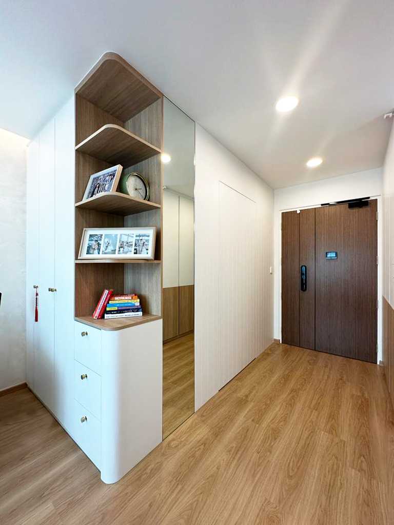 Scandinavian Entryway with Mirror and Shoe Rack