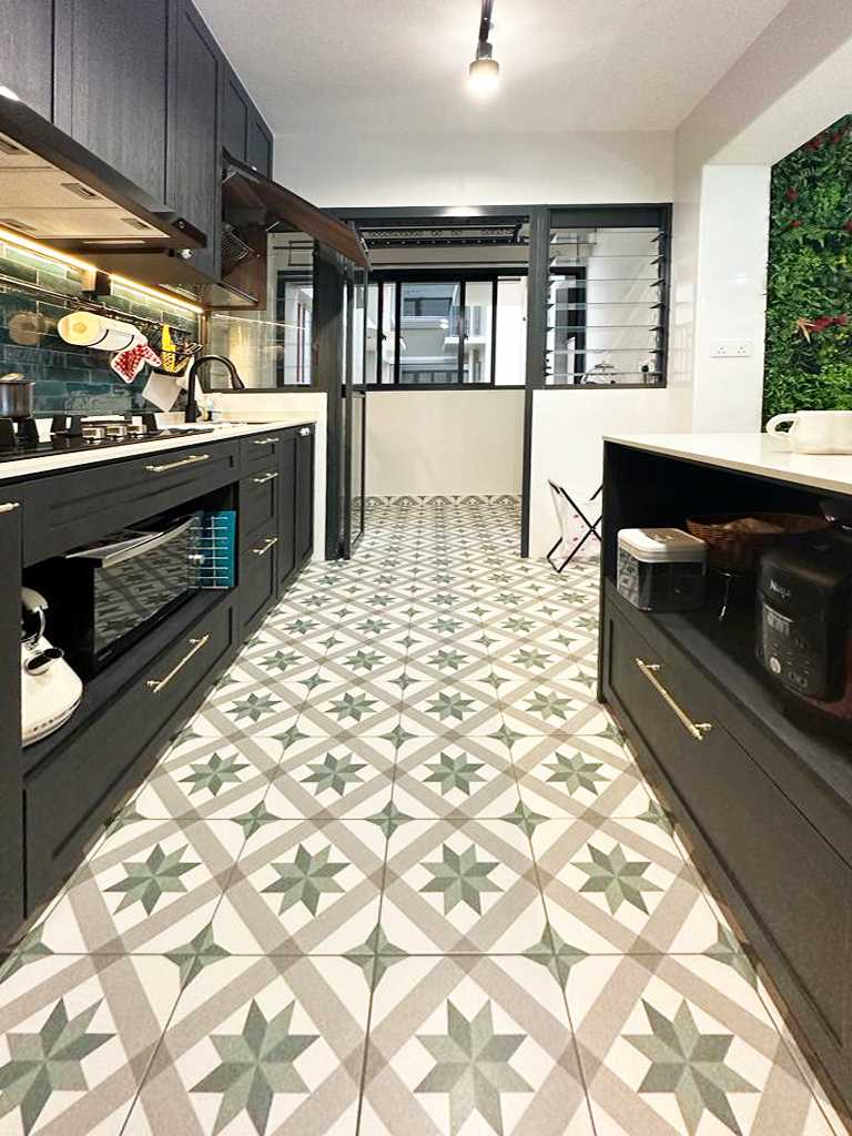 Scandinavian Kitchen with Countertop and Wood Flooring
