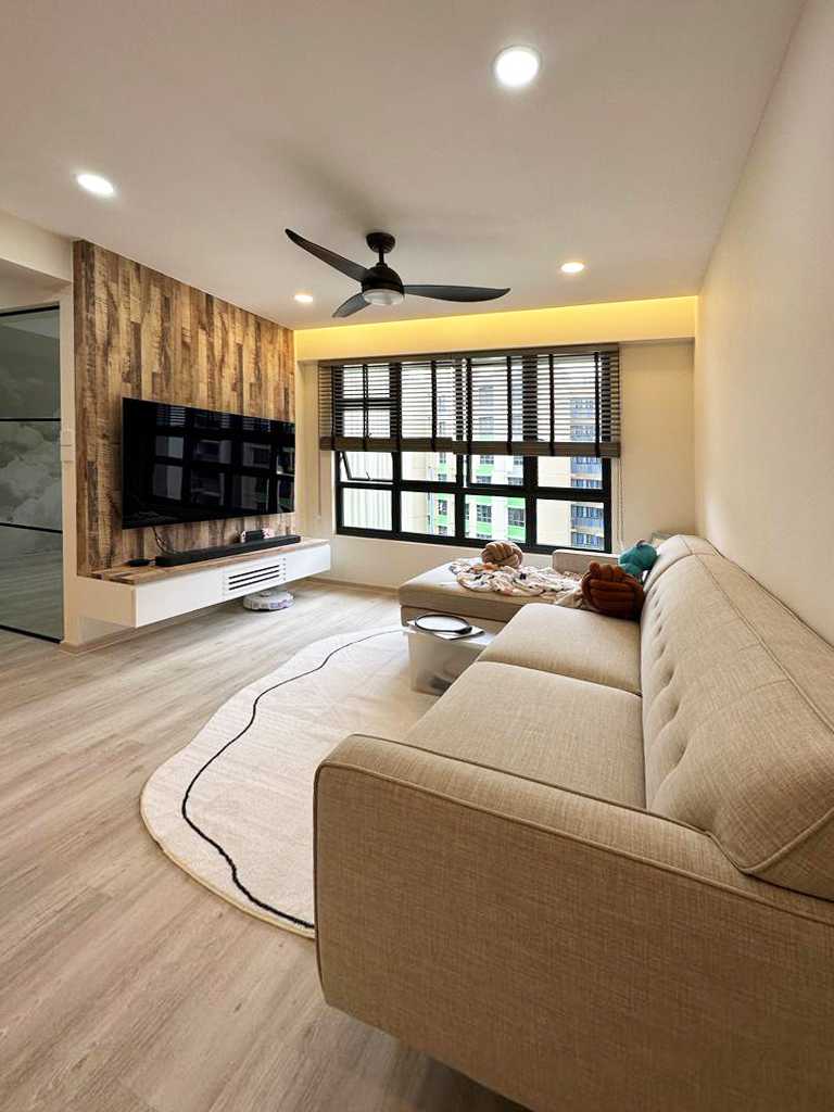 Scandinavian Living Room with Wood Flooring and TV Console