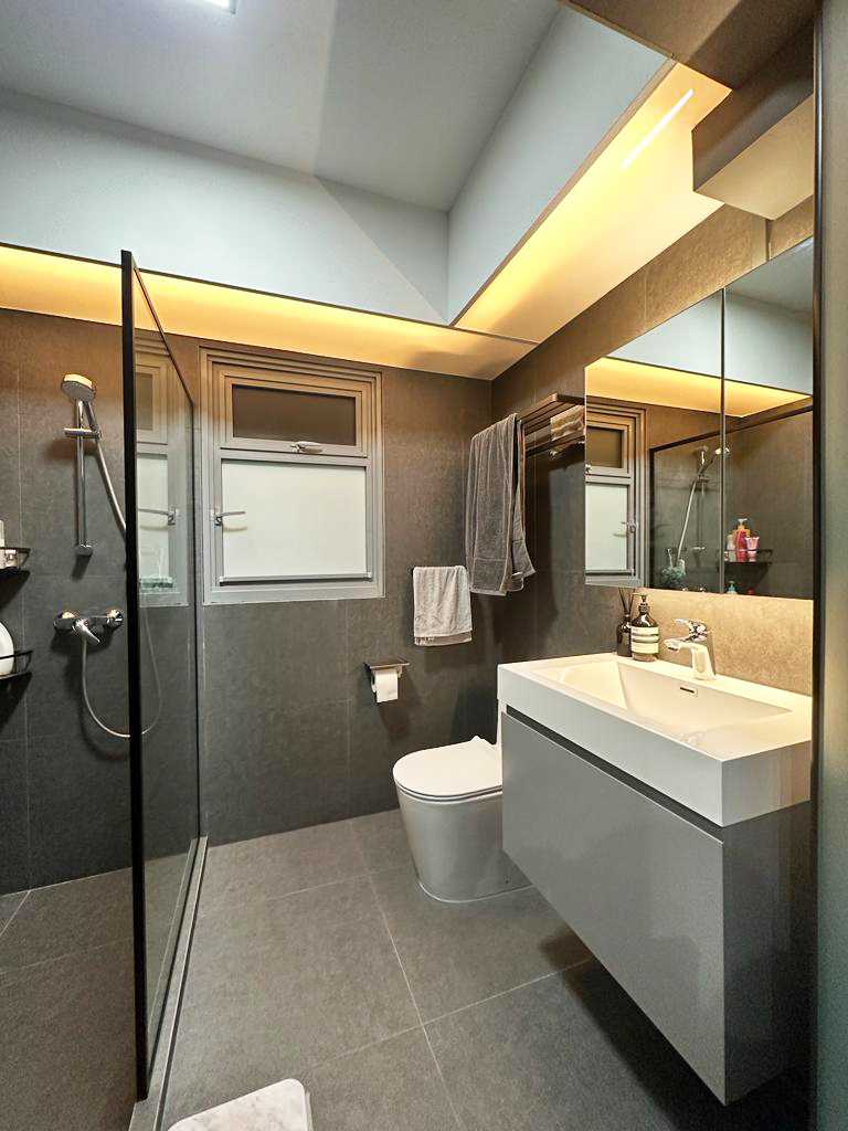 Scandinavian Bathroom with Shower Screen and Bathroom Storage