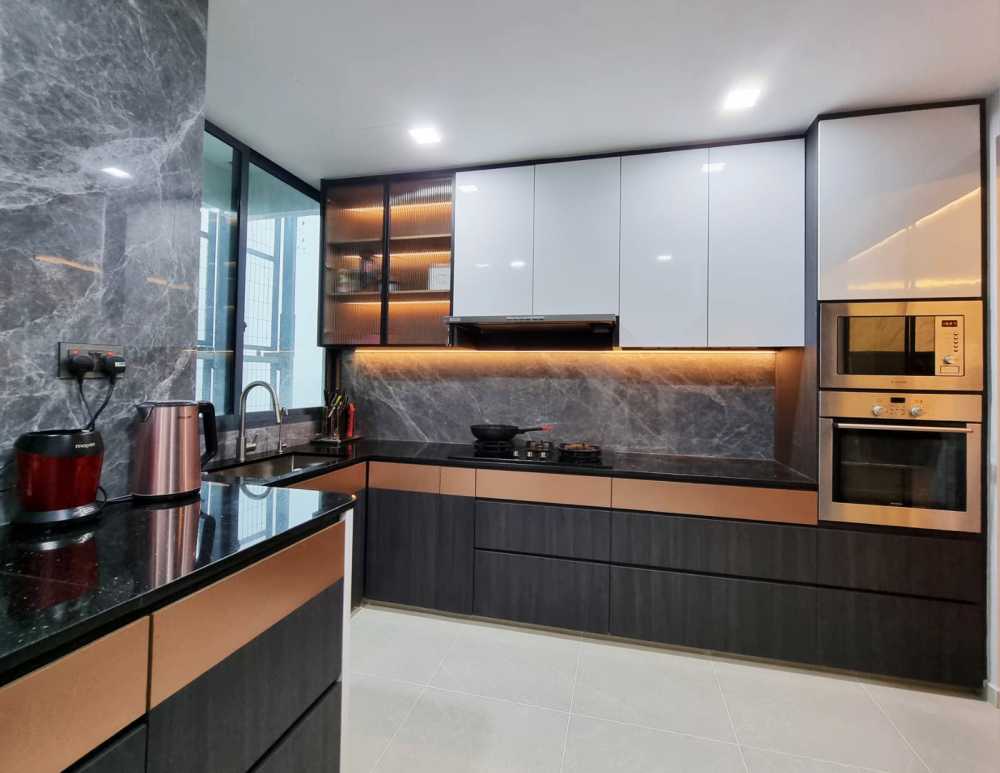 Scandinavian Kitchen with Granite Floor and Marble Floor