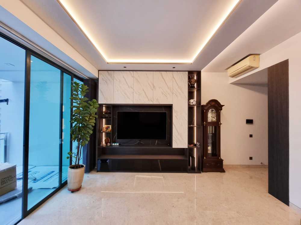 Scandinavian Living Room with Wood Flooring and TV Console