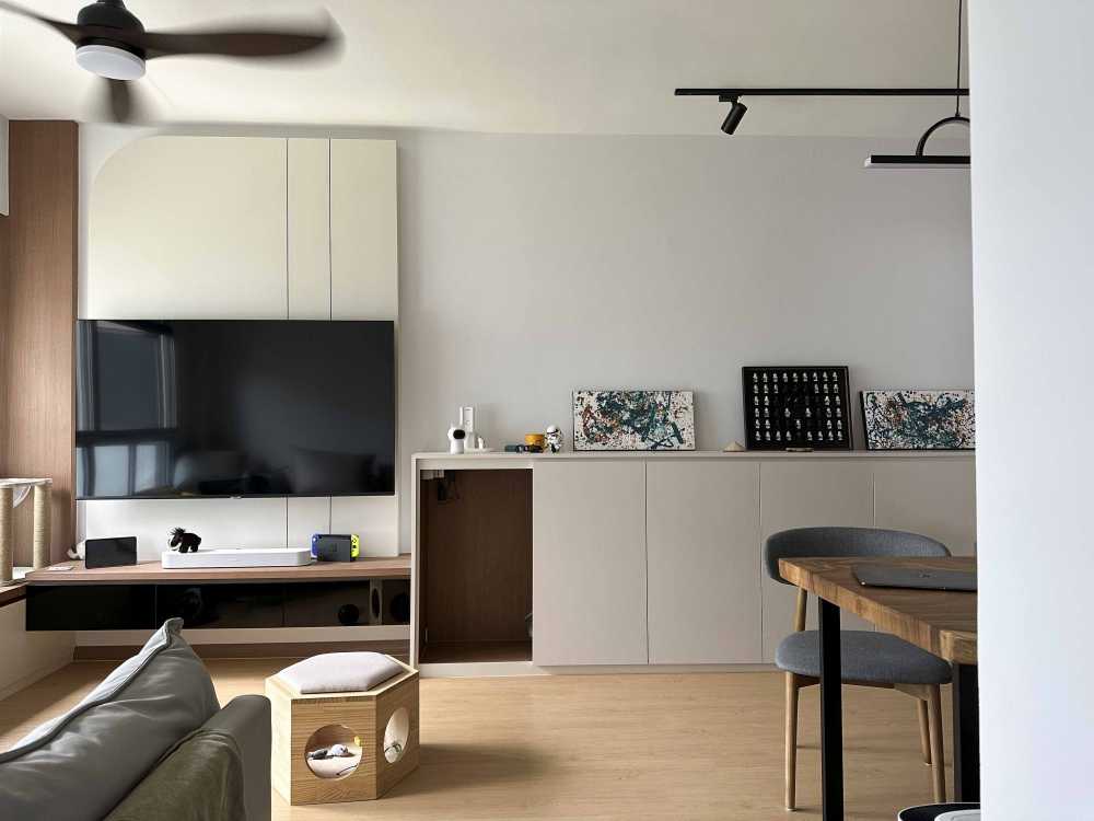 Scandinavian Living Room with TV Console and Feature Wall