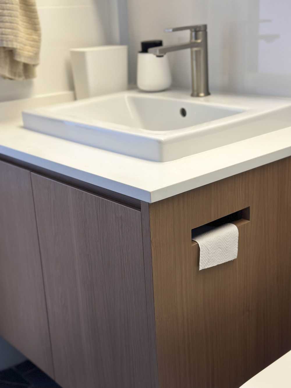Scandinavian Bathroom with Cement Floor and Mirror