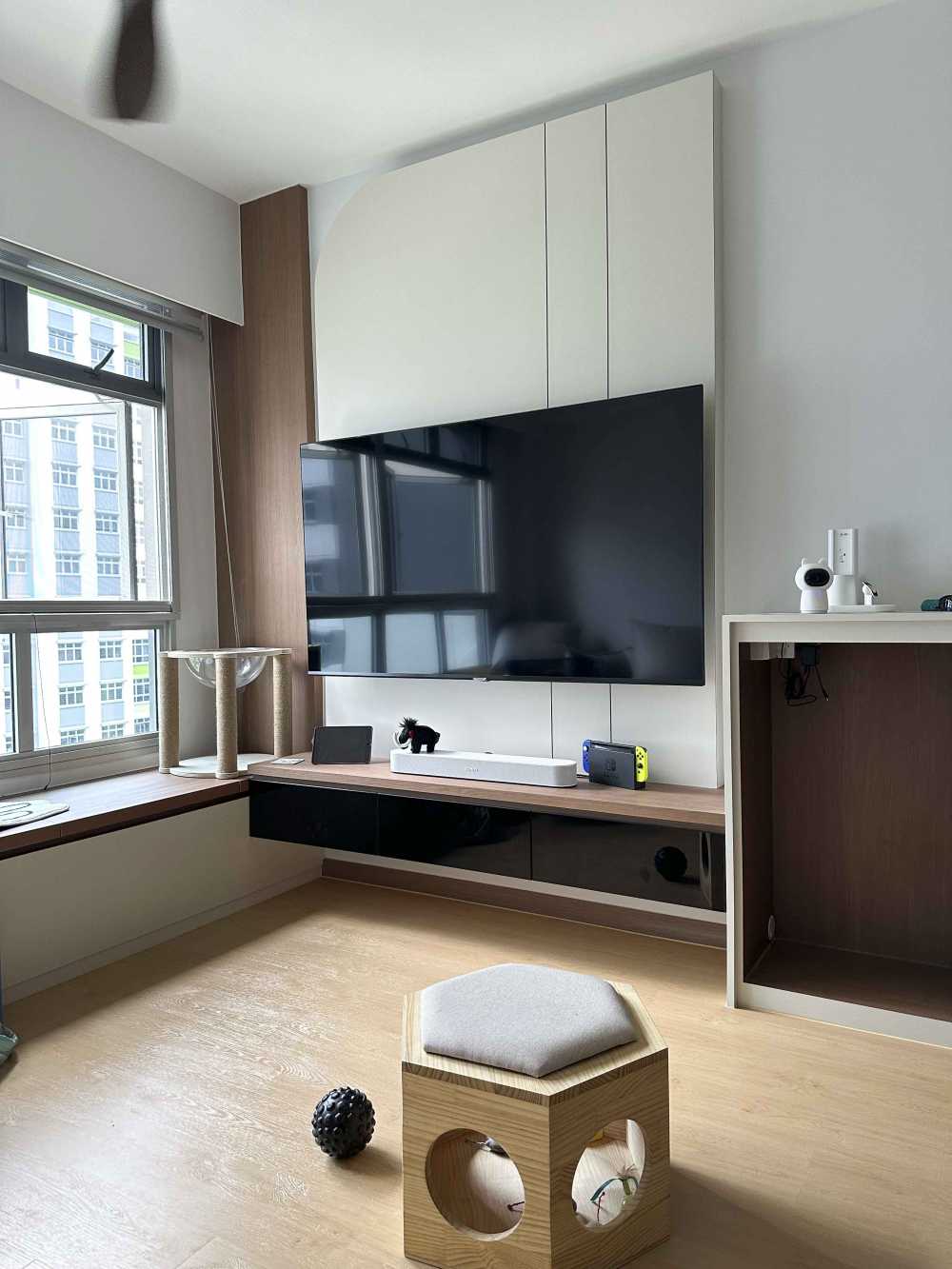 Scandinavian Living Room with TV Console and Cove Lighting