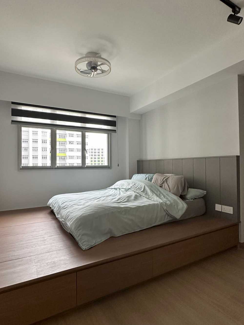 Scandinavian Bedroom with Parquet Floor and Roller Blinds