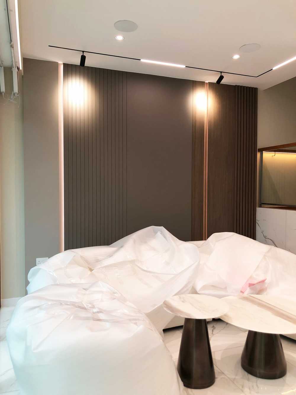 Scandinavian Bedroom with Ceiling Light and Children's Beds