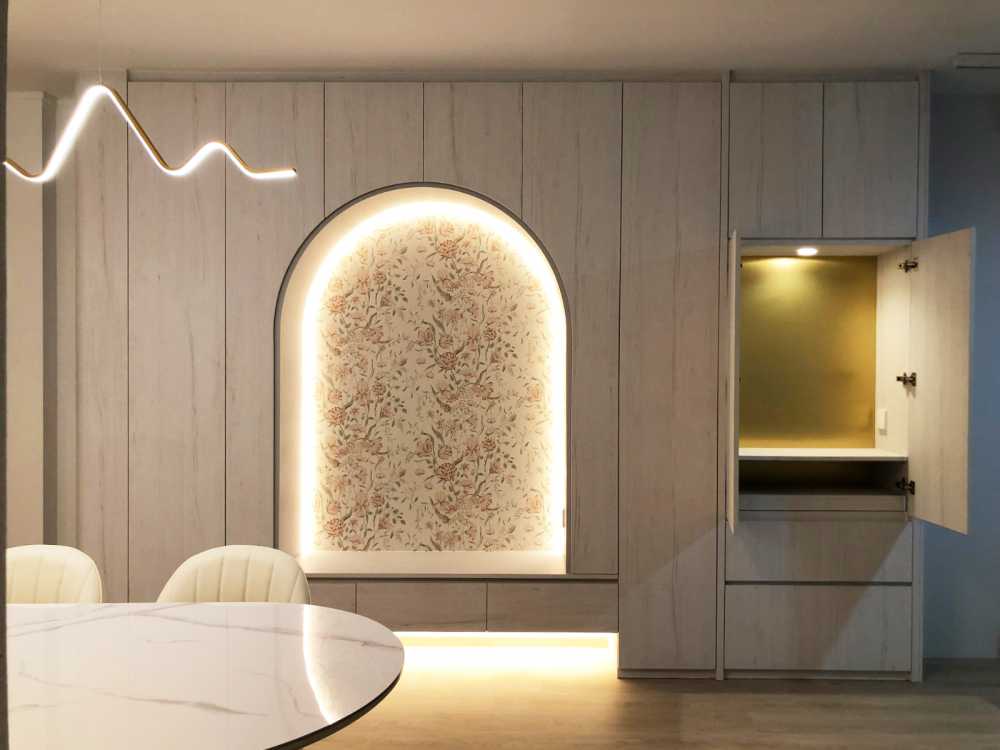 Scandinavian Living Room with TV Console and Feature Wall