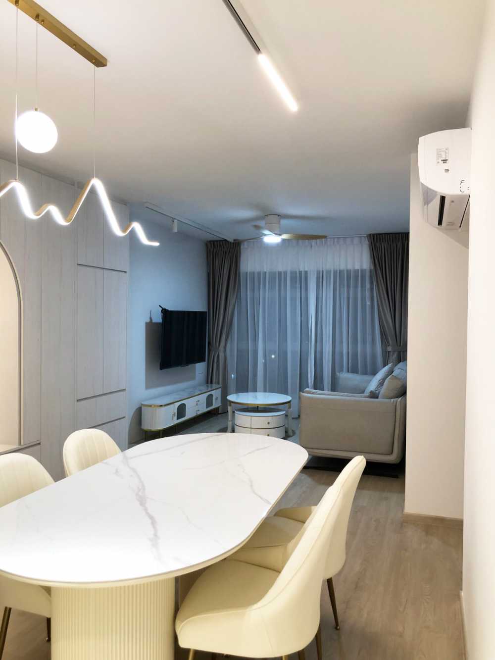 Scandinavian Living Room with TV Console and Feature Wall