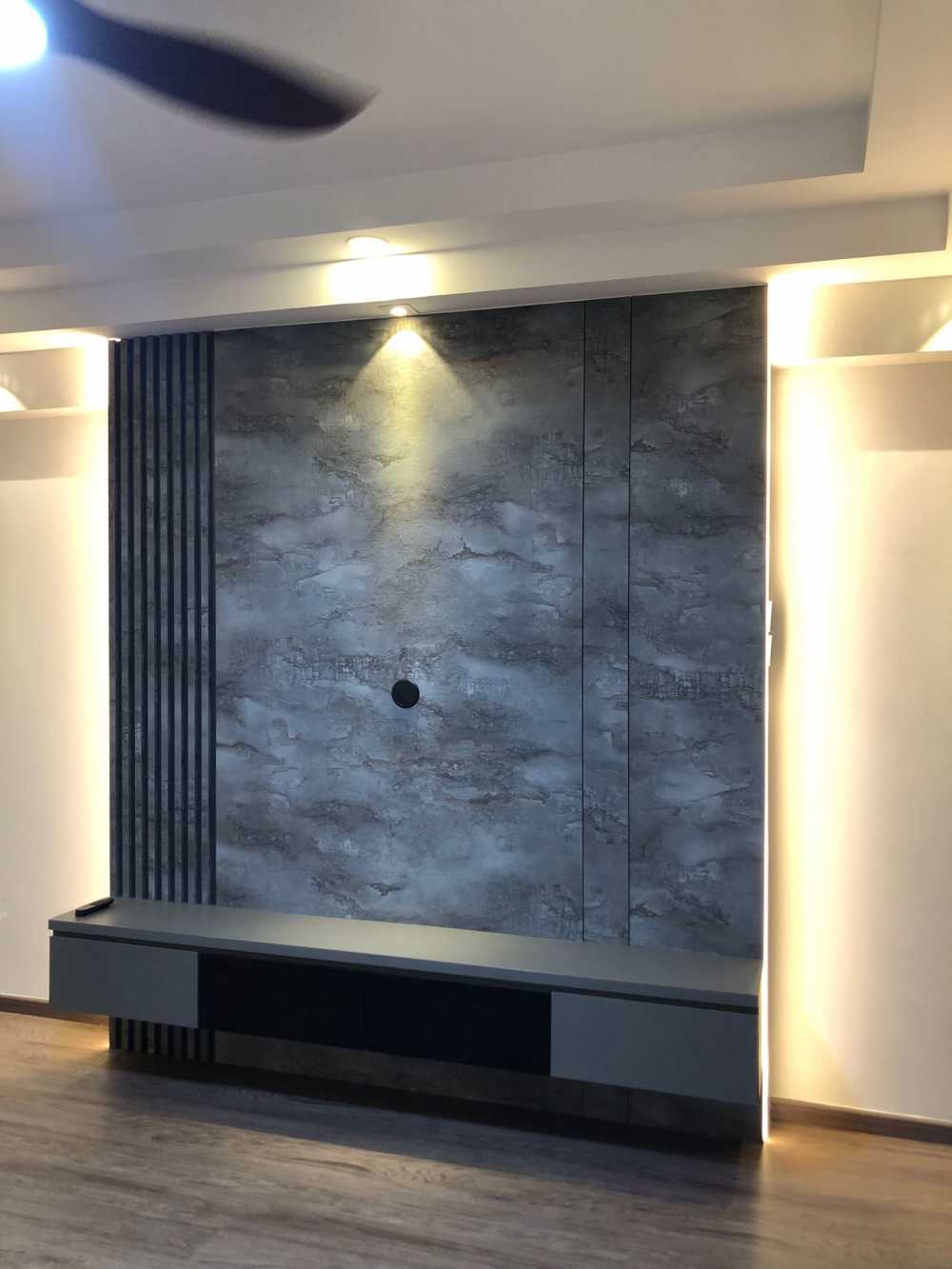 Scandinavian Living Room with TV Console and Feature Wall