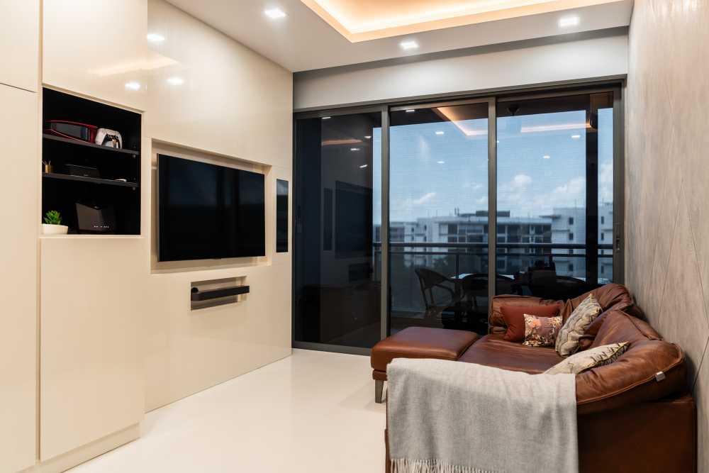Contemporary Living Room with Herringbone Tiling and TV Console