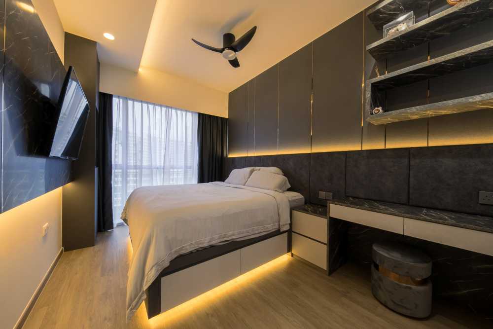 Contemporary Bedroom with Drop Light and Closet
