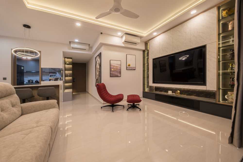 Contemporary Living Room with TV Console and Feature Wall