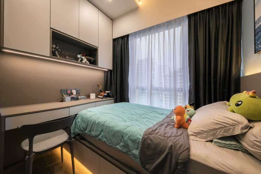 Contemporary Kids Room with Single Bed and Bed