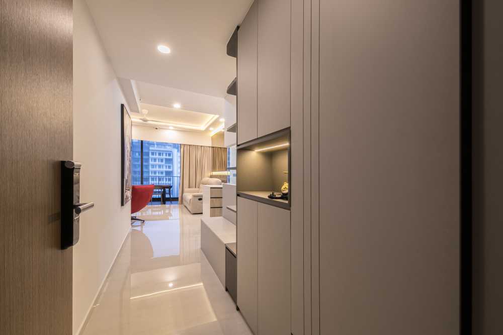 Contemporary Entryway with Seating Bench and Stools