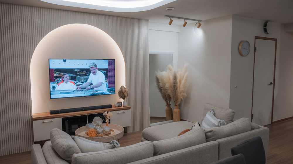 Scandinavian Living Room with Vinyl Flooring and TV Console