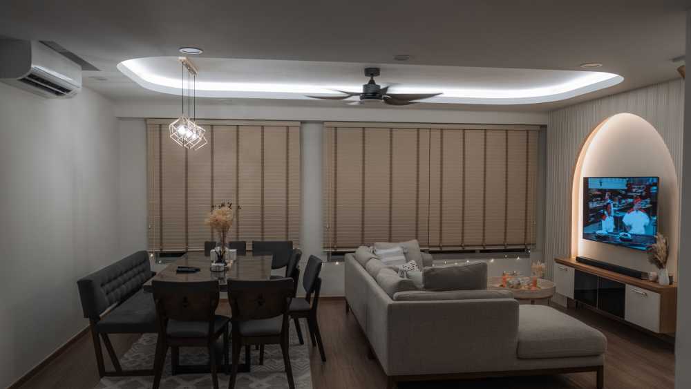 Scandinavian Living Room with TV Console and Feature Wall