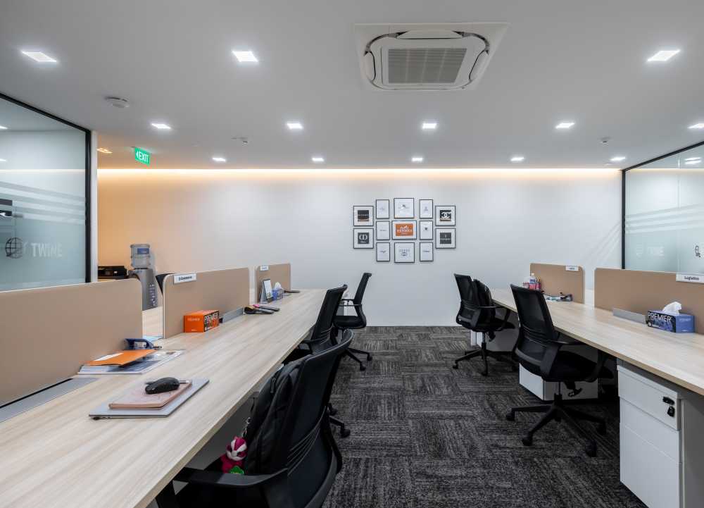 Contemporary Office with Glass Door and Carpet