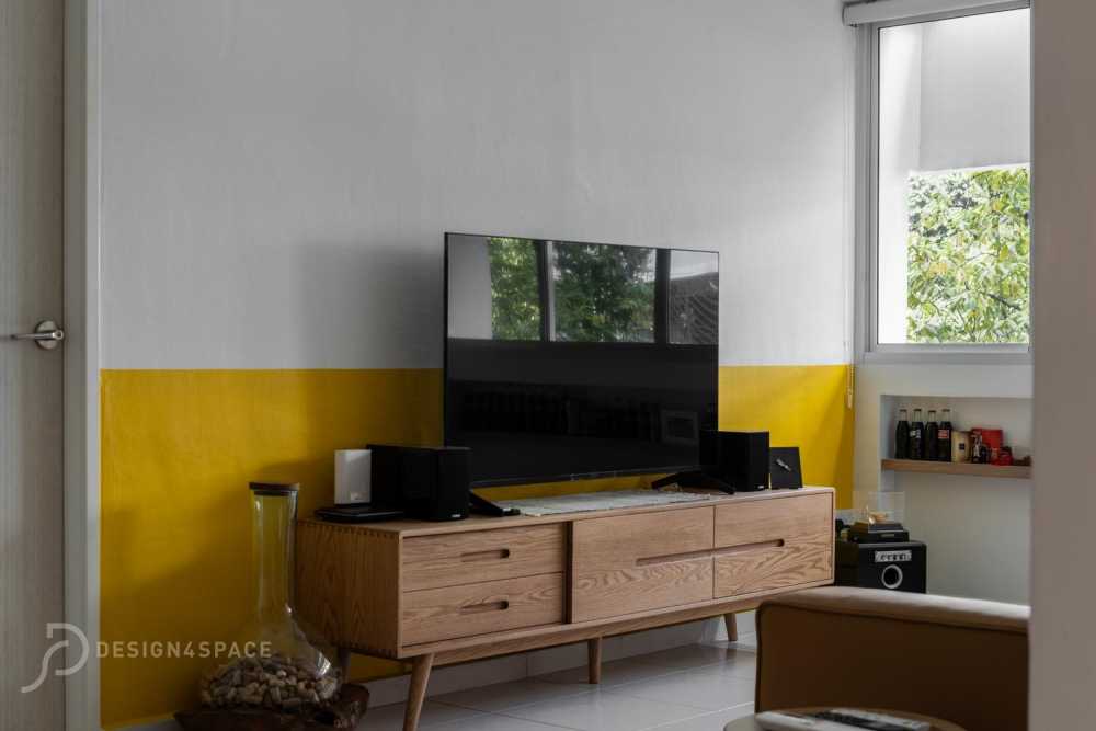 Contemporary Living Room with Homogeneous Tiles and TV Console