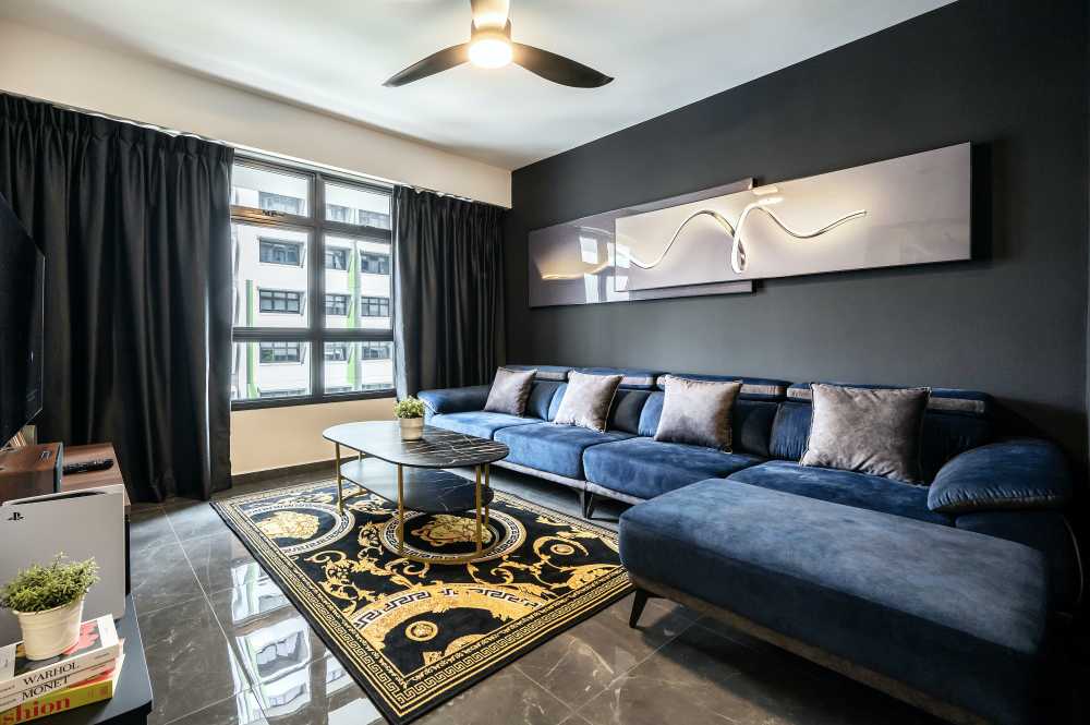Eclectic Living Room with Homogeneous Tiles and Sofa