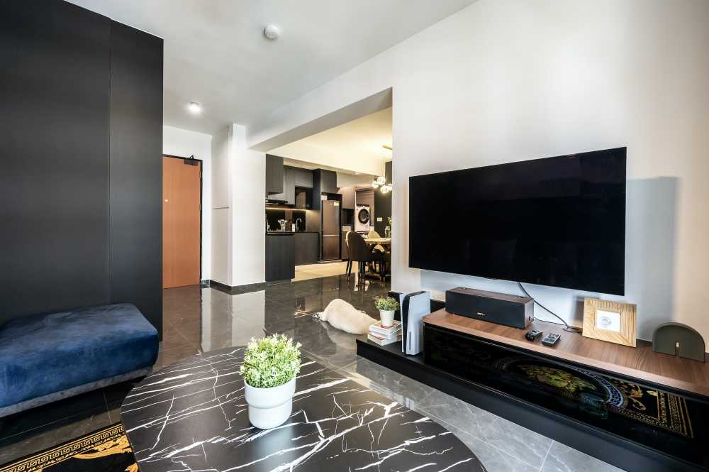 Eclectic Living Room with Homogeneous Tiles and TV Console