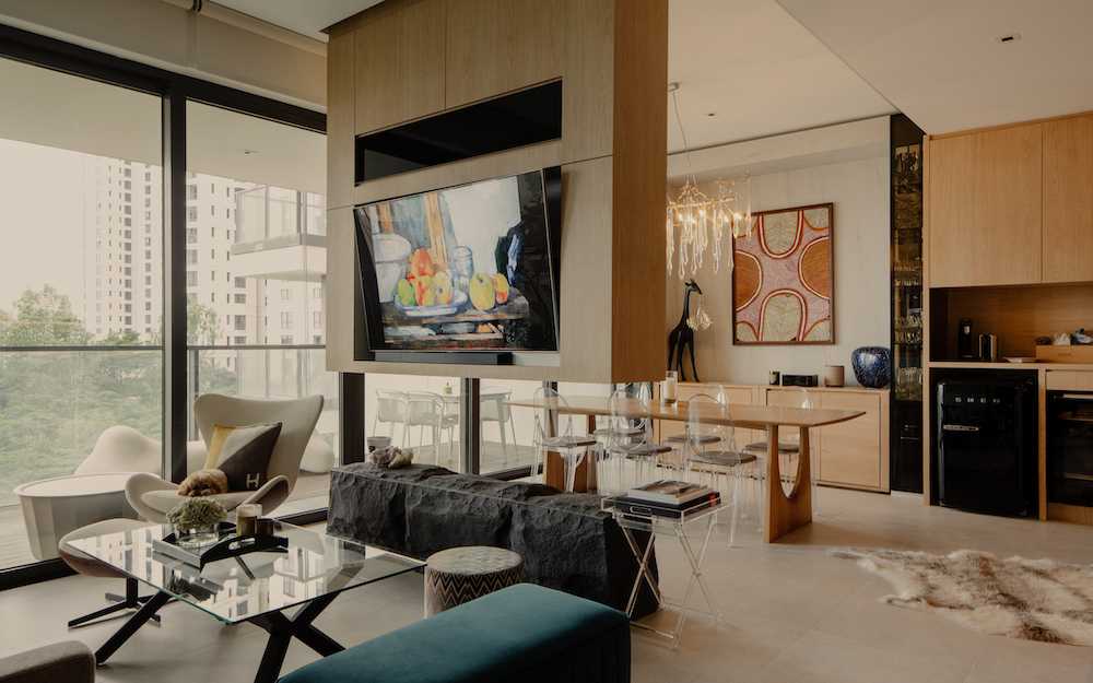 Contemporary Living Room with Marble Floor and TV Console