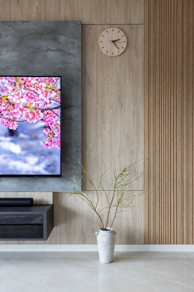 Asian Living Room with TV Console and Feature Wall