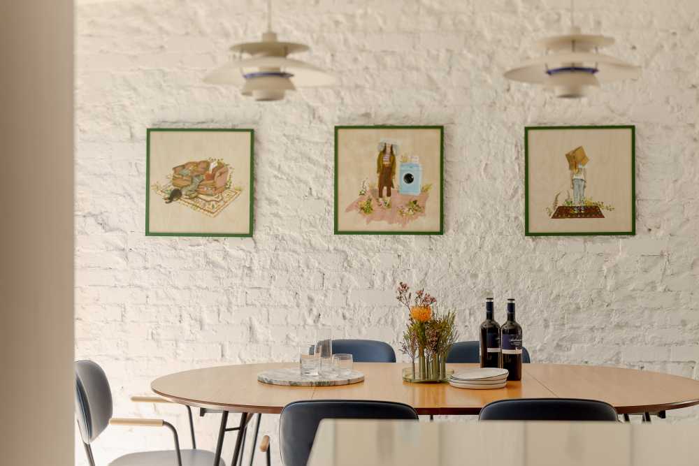 Eclectic Dining Room with Feature Wall and Dining Table