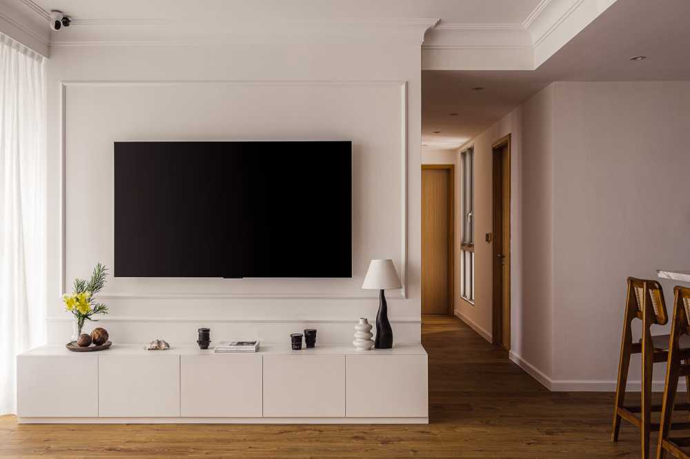 Modern Living Room with Wood Flooring and Feature Wall