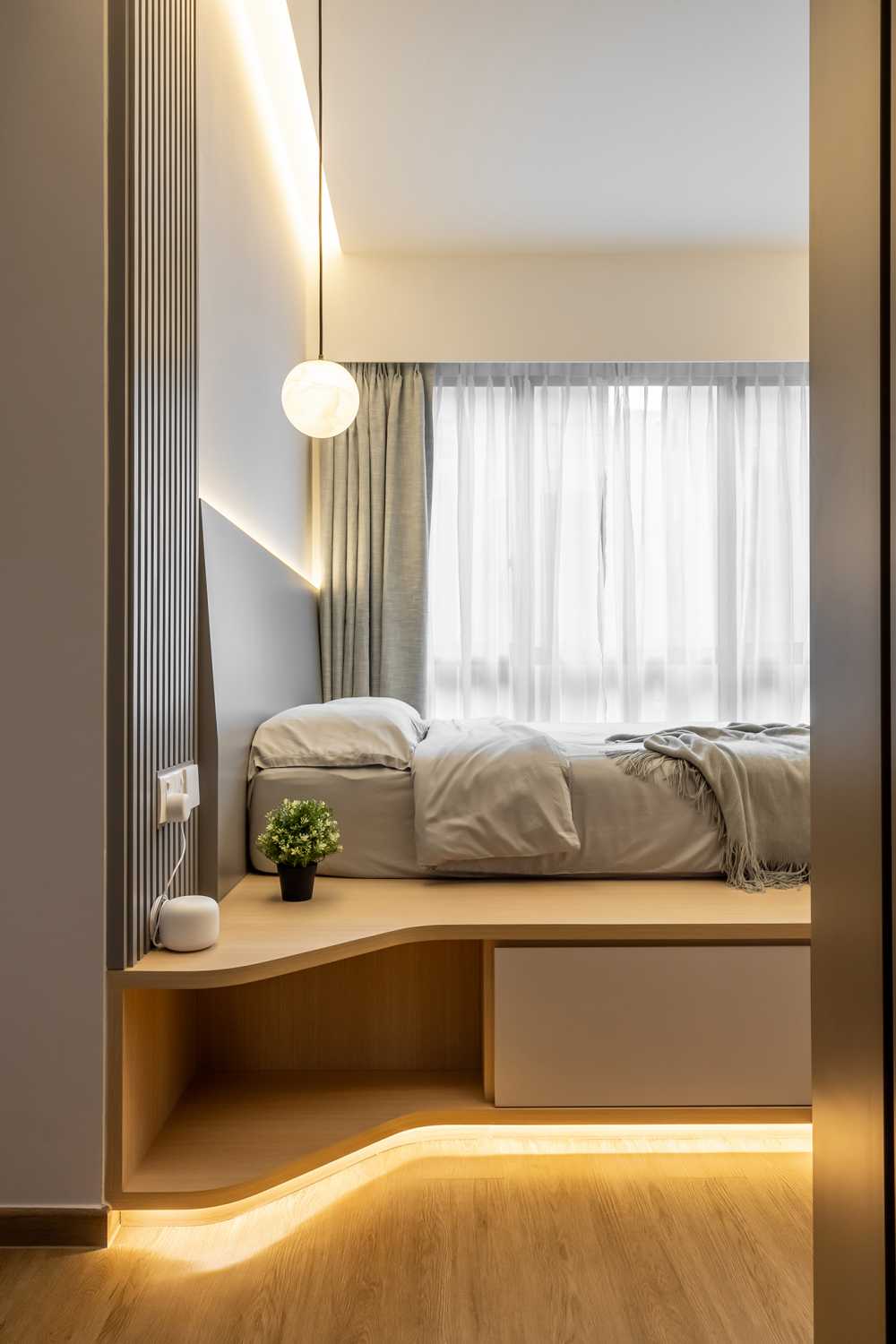Modern Bedroom with Vinyl Flooring and Built-in Bed