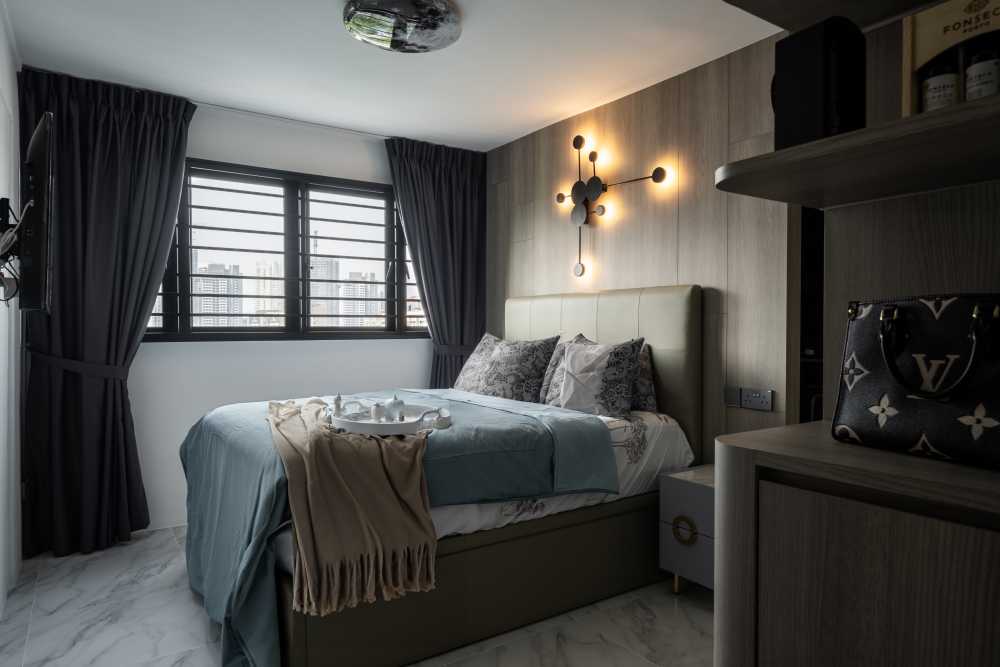 Modern Bedroom with Homogeneous Tiles and Wardrobe