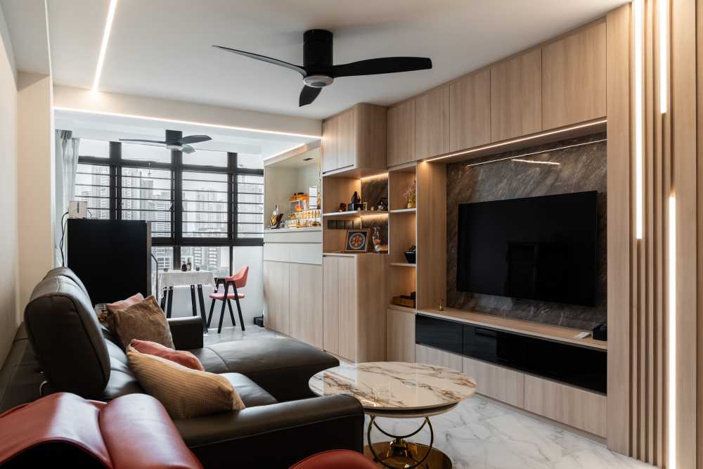 Modern Living Room with Homogeneous Tiles and Sofa