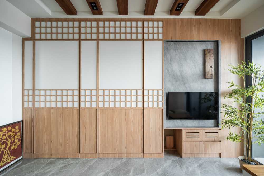 Minimalist Living Room with Homogeneous Tiles and TV Console