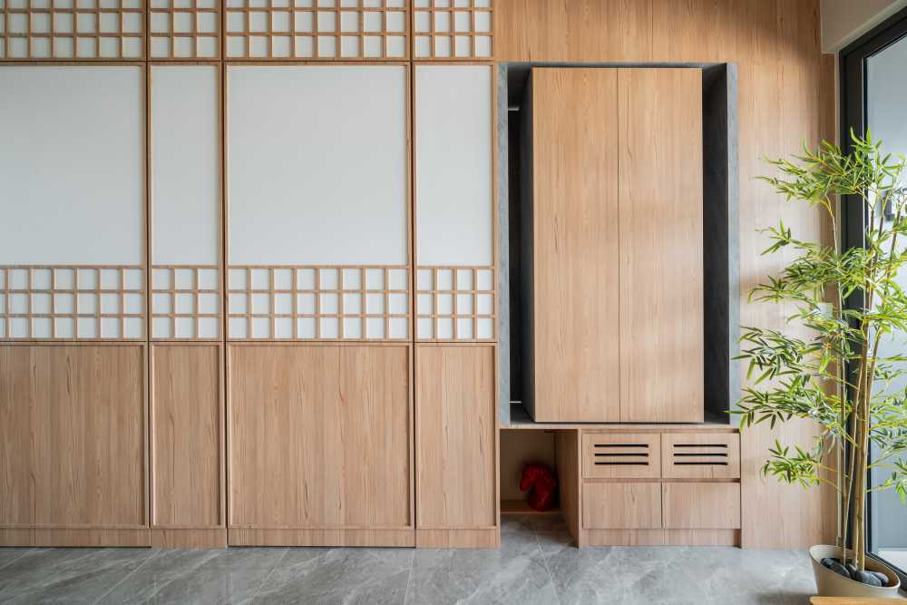 Minimalist Living Room with Wood Flooring and TV Console