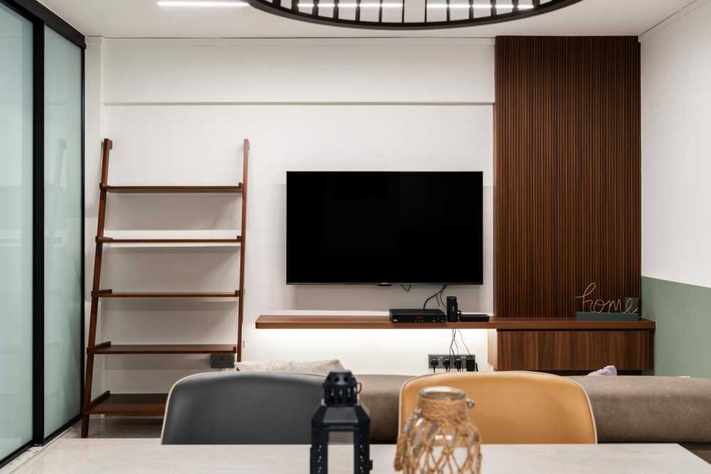 Modern Living Room with Homogeneous Tiles and TV Console