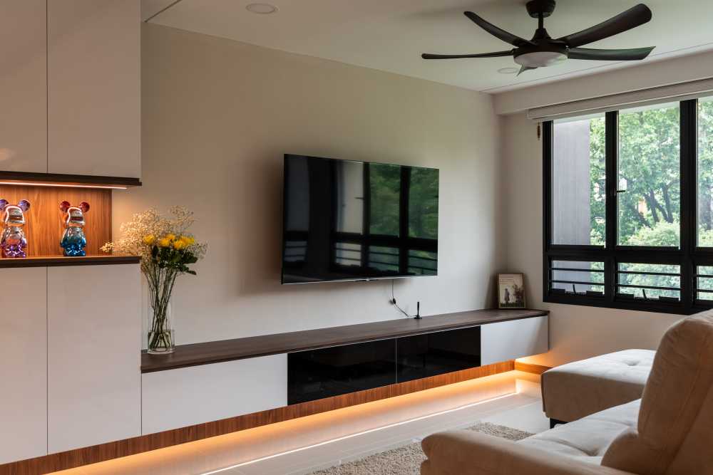 Modern Living Room with Homogeneous Tiles and Feature Wall