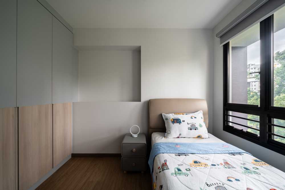 Modern Bedroom with Vinyl Flooring and Herringbone Tiling