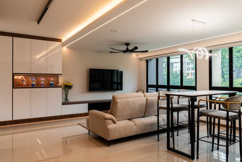 Modern Living Room with TV Console and Drop Light