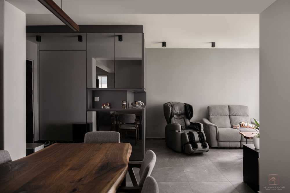 Contemporary Living Room with Drop Light and Mirror