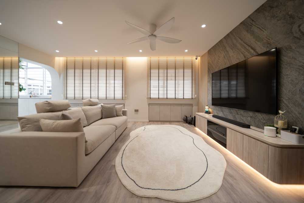 Contemporary Living Room with TV Console and Feature Wall