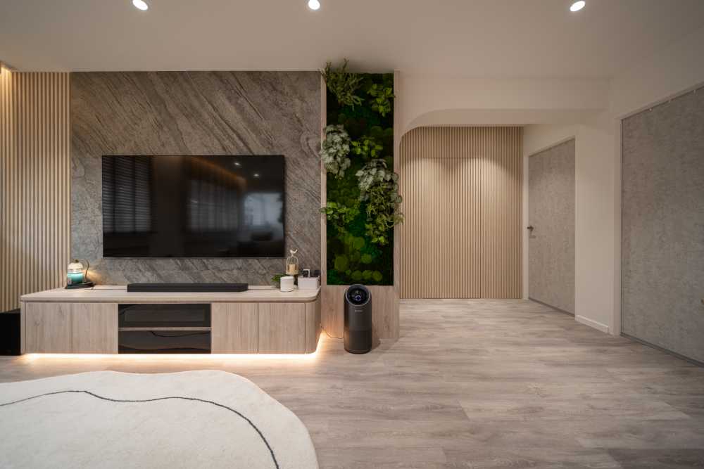 Contemporary Living Room with Vinyl Flooring and TV Console