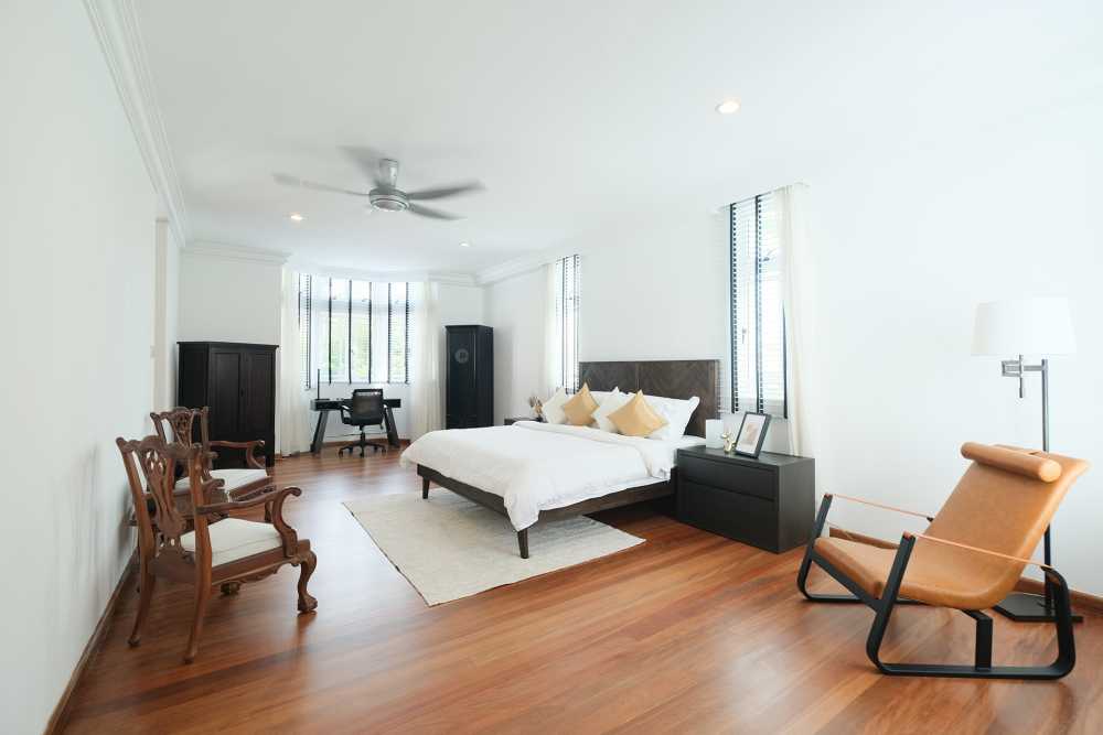Contemporary Bedroom with Parquet Floor and Wood Flooring