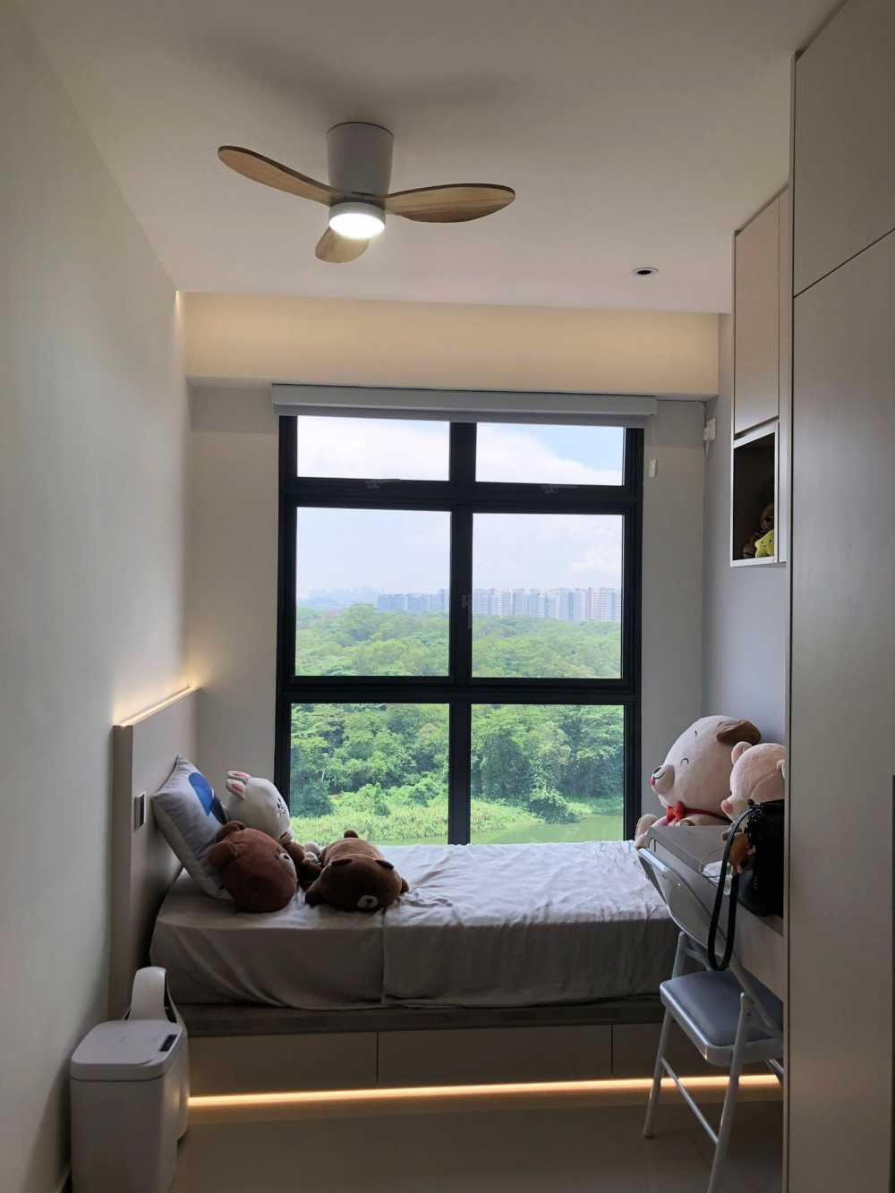 Scandinavian Bedroom with Cove Lighting and Built-in Bed
