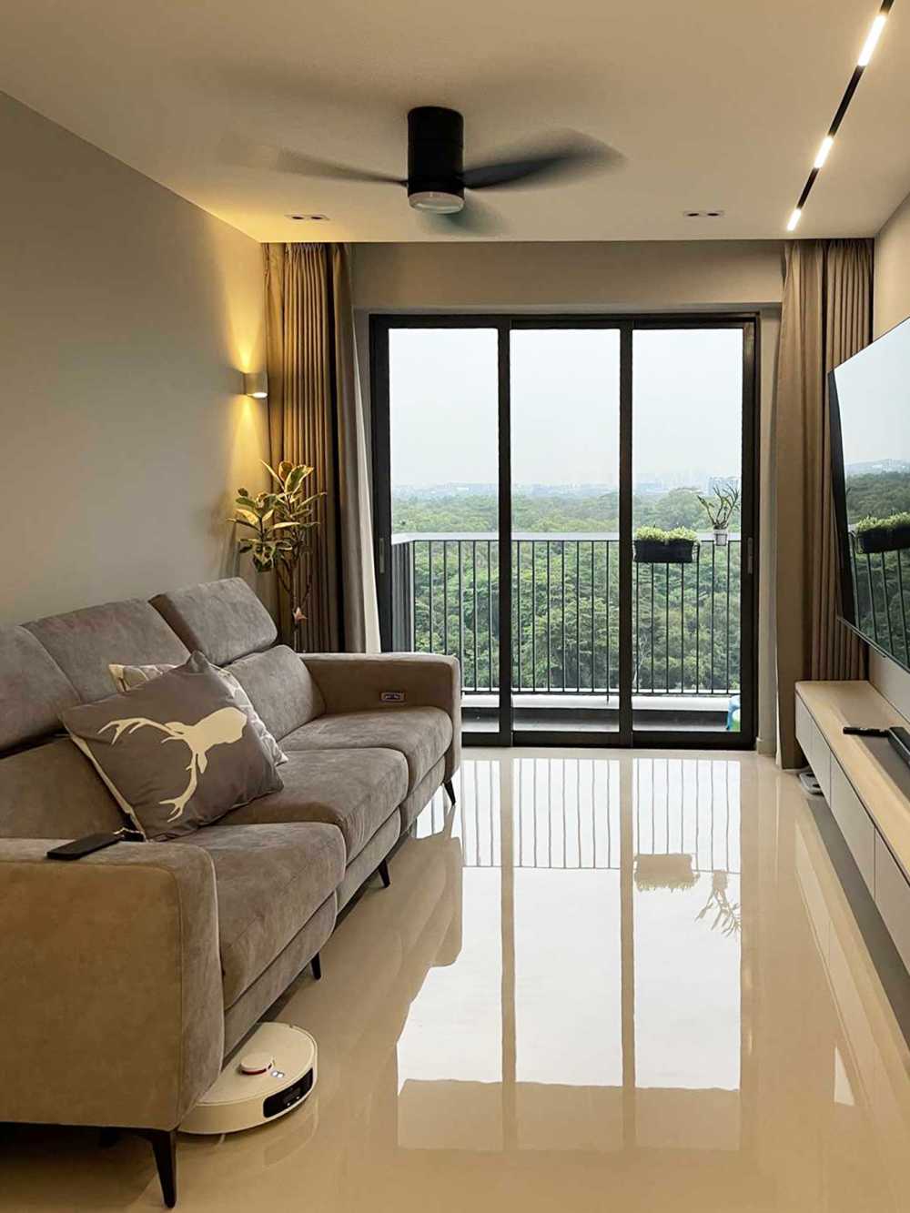Scandinavian Living Room with Feature Wall and Drop Ceiling