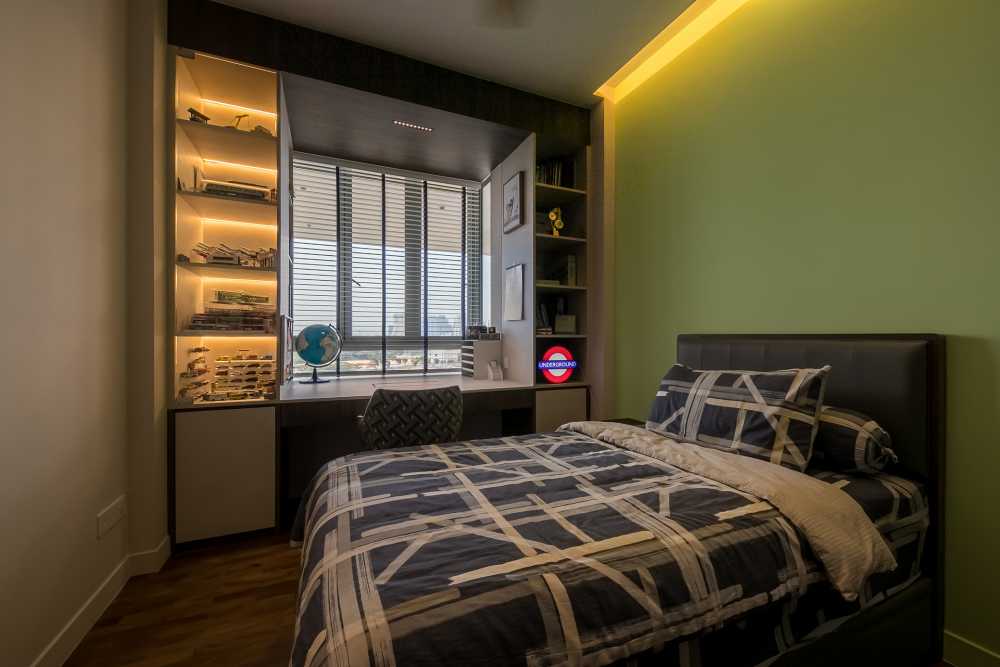 Modern Bedroom with Parquet Floor and Drop Light