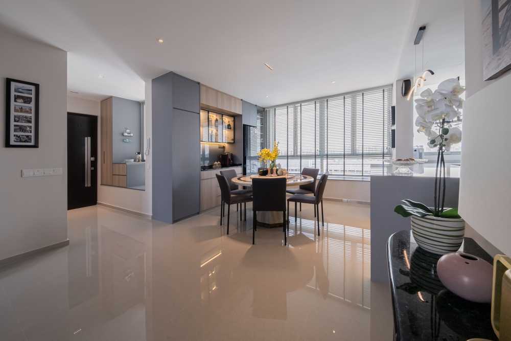Modern Dining Room with Marble Floor and TV Console