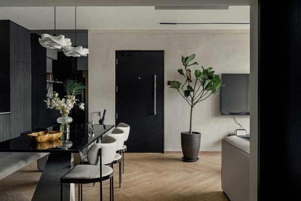Modern Dining Room with Dining Table and Stools