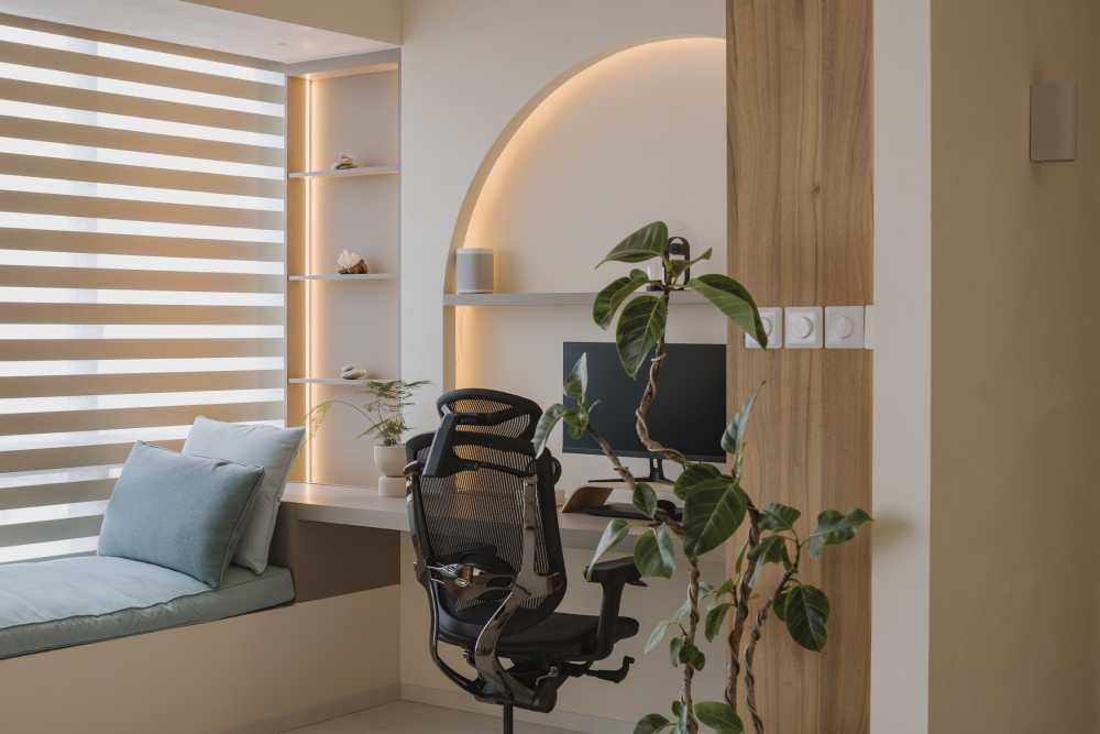 Contemporary Home Office with Bay Window and Desk