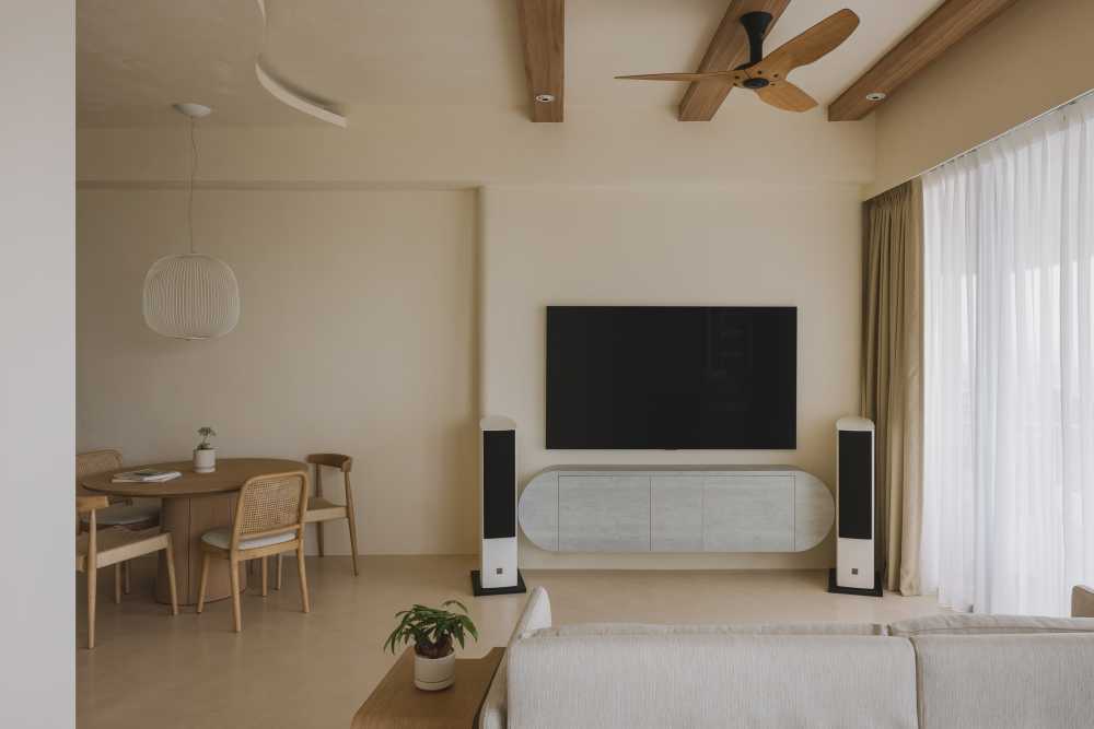 Contemporary Living Room with TV Console and Ceiling Fan